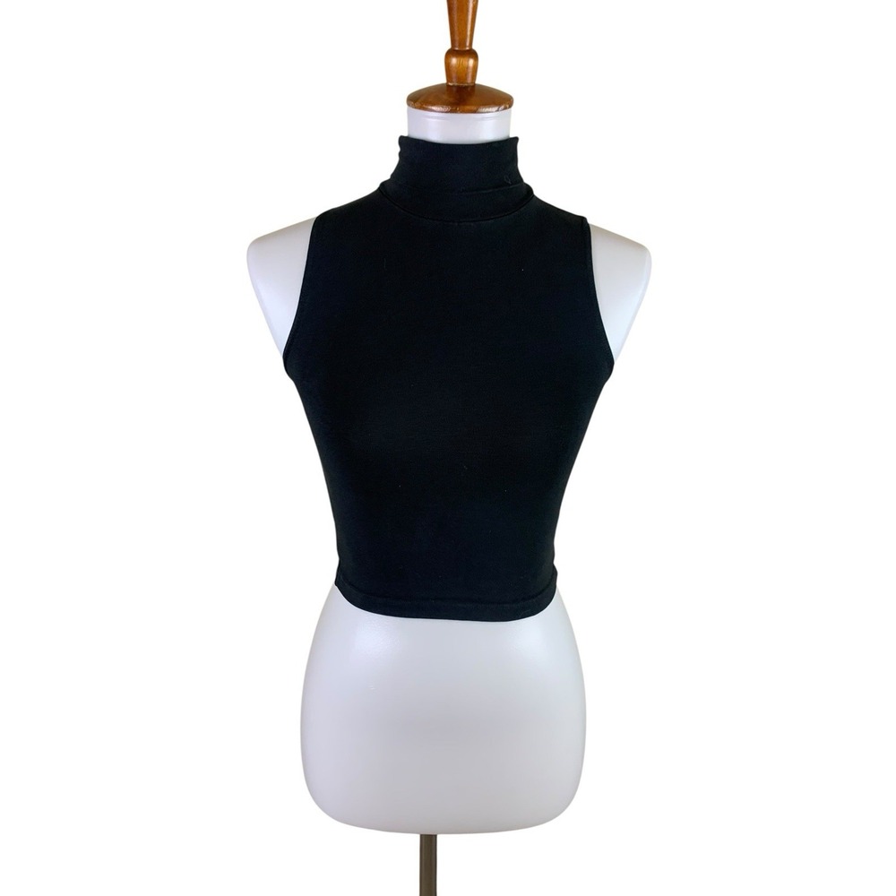Los Angeles Apparel Black Mock Neck Crop Top S Sleeveless Y2K Cotton Spandex